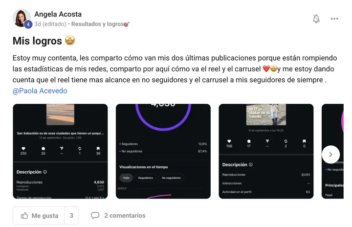 Publicación de Angela en la comunidad, titulada «Mis logros». Comparte las estadísticas de un reel y un carrusel, y observa que el reel le llega sobre todo a quien no la sigue —un 87,4%— mientras que el carrusel llega a sus seguidoras de siempre.